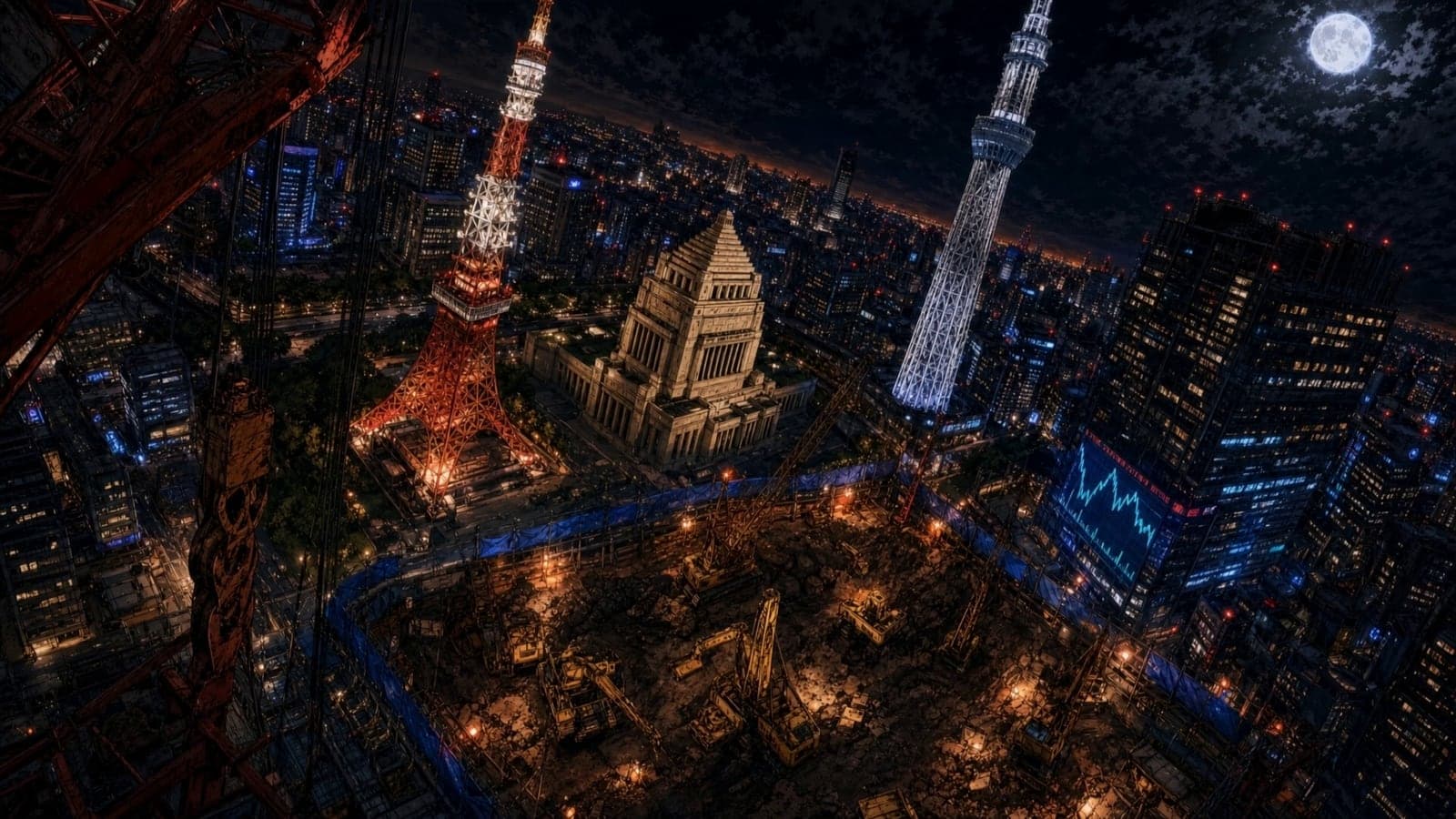 本編より — 崩落した東京。国会議事堂と東京タワー、スカイツリーが並ぶ夜景を俯瞰で捉える